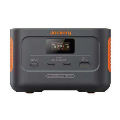 Front view of Jackery Explorer 100 Plus Portable Power Station with Mini Carrying Bag highlighting the LCD screen, USB-C ports, and USB-A output