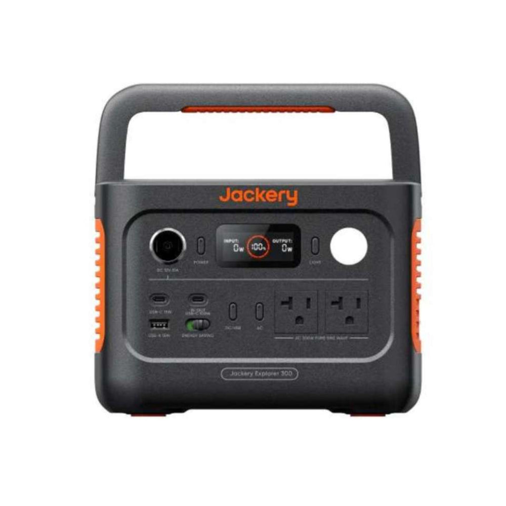 Front view of Jackery Explorer 300 v2 Portable Power Station showing the display, ports, power buttons, and built-in carry handle