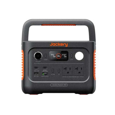 Front view of Jackery Explorer 300 v2 Portable Power Station showing the display, ports, power buttons, and built-in carry handle