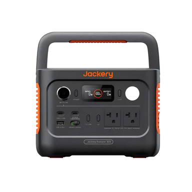 Front view of Jackery Explorer 300 v2 Portable Power Station showing the display, ports, power buttons, and built-in carry handle