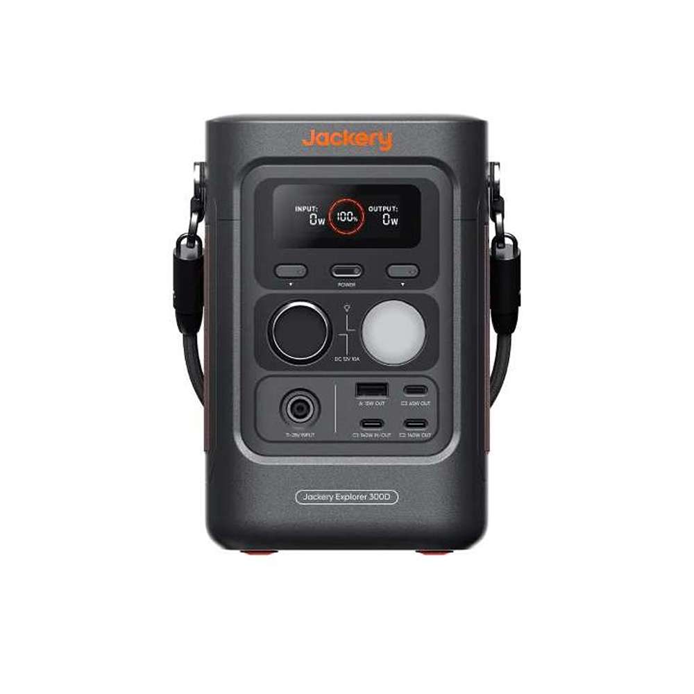 Front view of Jackery Explorer 300D Portable Power Station showing its display, light, and charging ports