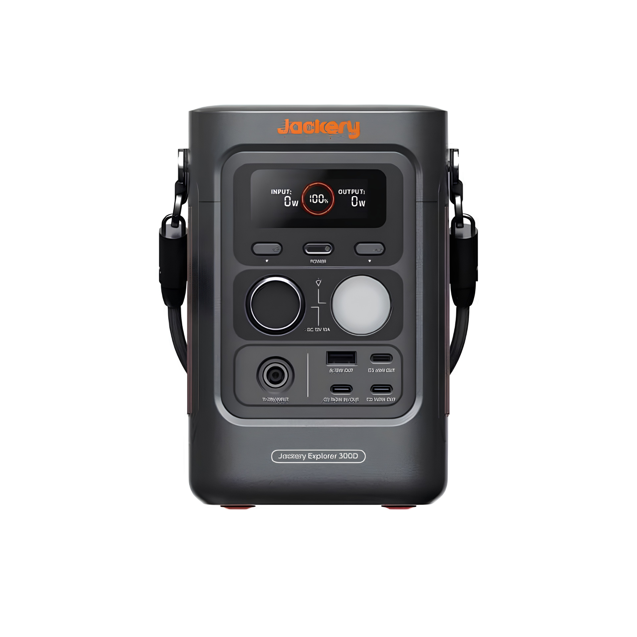 Front view of Jackery Explorer 300D Portable Power Station showing its display, light, and charging ports