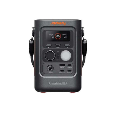 Front view of Jackery Explorer 300D Portable Power Station showing its display, light, and charging ports