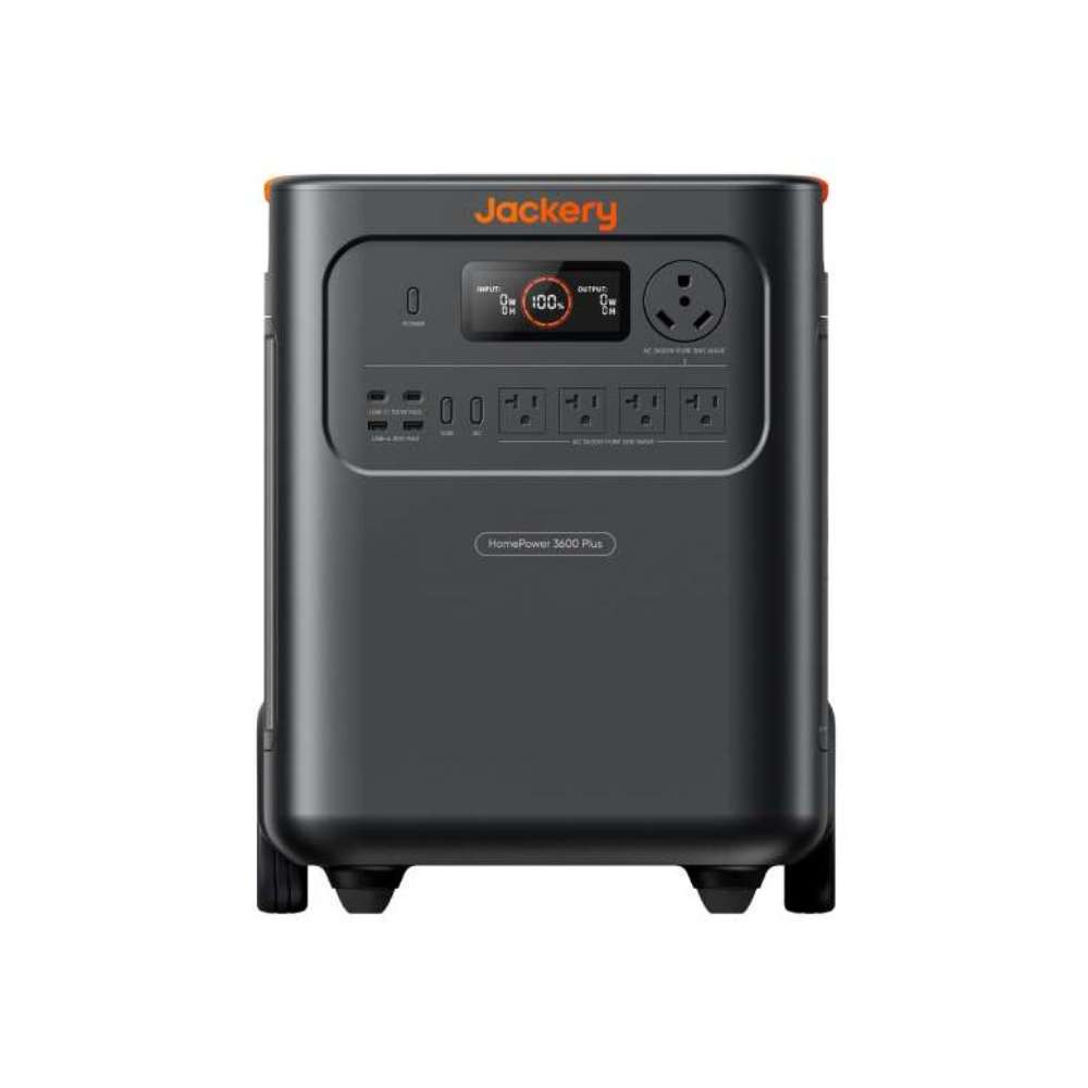 Front view of Jackery HomePower 3600 Plus Portable Power Station showing its LCD screen, USB ports, and multiple AC outlets