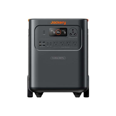 Front view of Jackery HomePower 3600 Plus Portable Power Station showing its LCD screen, USB ports, and multiple AC outlets