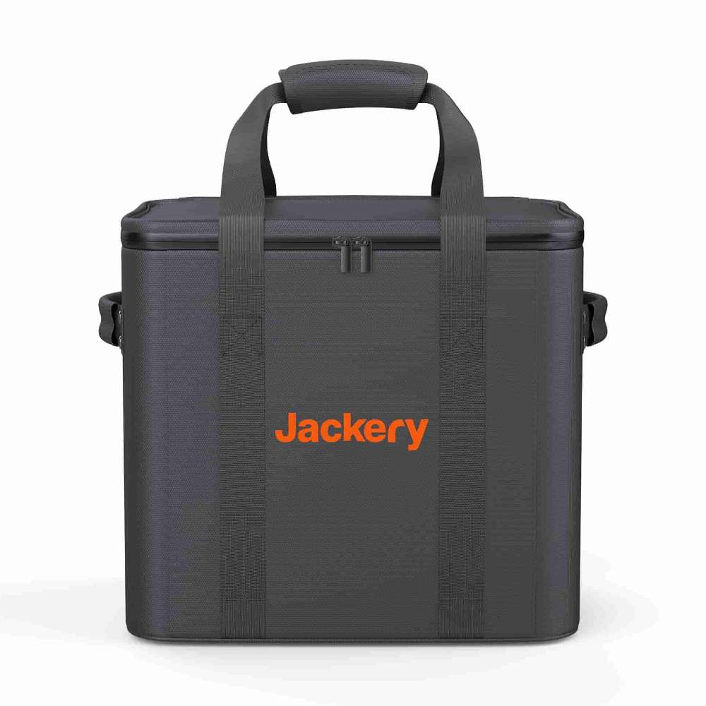 Front view of Jackery Upgraded Carrying Case Bag (L) featuring padded handles, reinforced straps, and a secure zipper closure