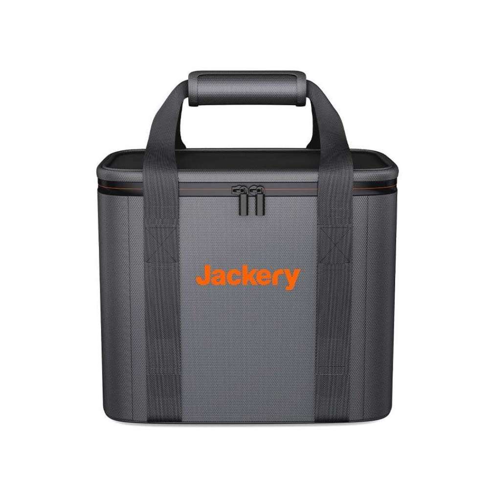 Front view of Jackery Upgraded Carrying Case Bag (S) with dual handles, zipper closure, and the orange Jackery logo