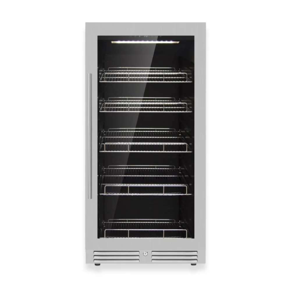 Front view of KingsBottle 389 Cans Capacity Upright Beverage Refrigerator With Low-E Glass Door shows the full glass door design and vertical handle