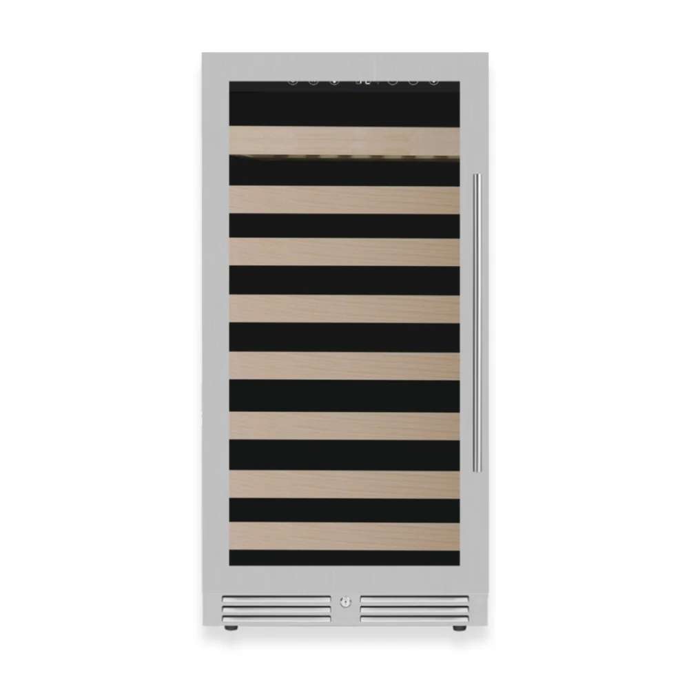 Front view of KingsBottle 47-Inch Height Single Zone Wine Cooler With Low-E Glass Door in stainless steel finish with glass panel and shelves visible