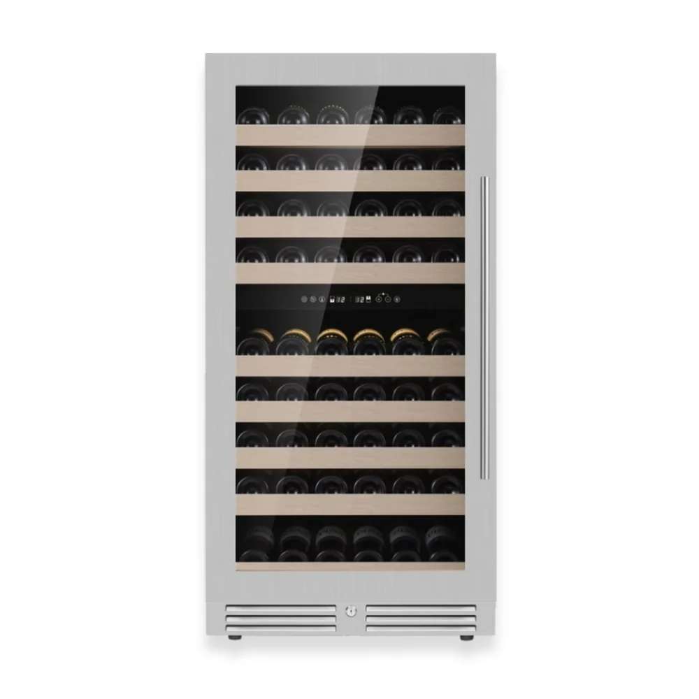 Front view of KingsBottle 47-Inch Tall Dual Zone Wine Cooler With Low-E Glass Door in stainless steel finish filled with wine bottles
