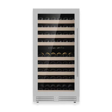 Front view of KingsBottle 47-Inch Tall Dual Zone Wine Cooler With Low-E Glass Door in stainless steel finish filled with wine bottles