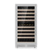 Front view of KingsBottle 47-Inch Tall Dual Zone Wine Cooler With Low-E Glass Door in stainless steel finish filled with wine bottles