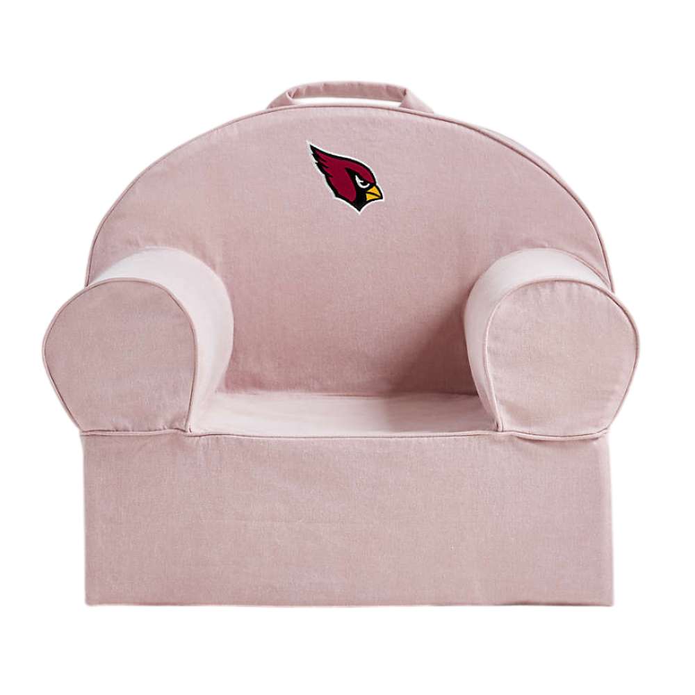 Front view of Lilac Mauve Crate & Barrel Organic Cotton Kids Lounge Nod Chair with rounded armrests, a top handle, and an Arizona Cardinals logo