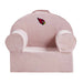Front view of Lilac Mauve Crate & Barrel Organic Cotton Kids Lounge Nod Chair with rounded armrests, a top handle, and an Arizona Cardinals logo