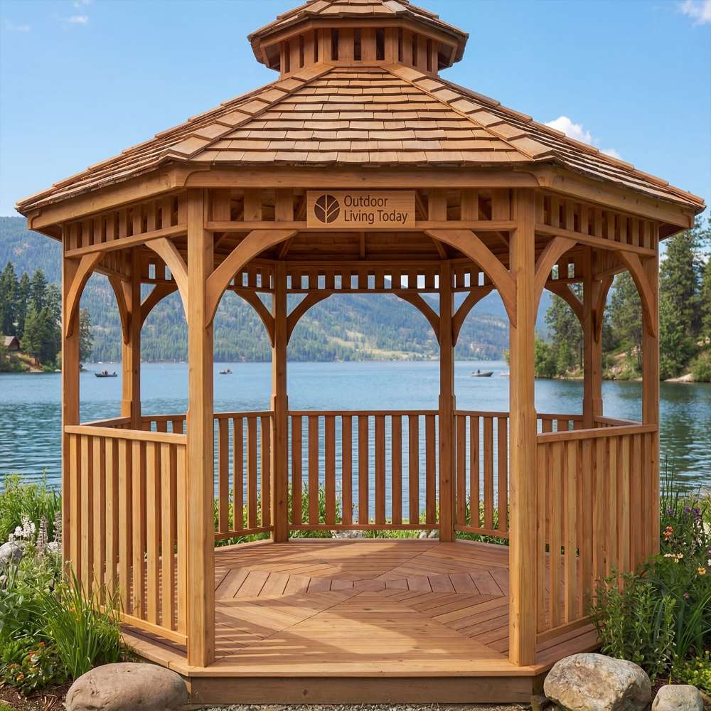 Front view of Outdoor Living Today Western Red Cedar Octagon Bayside Gazebo by the water with a cedar frame and shingled roof