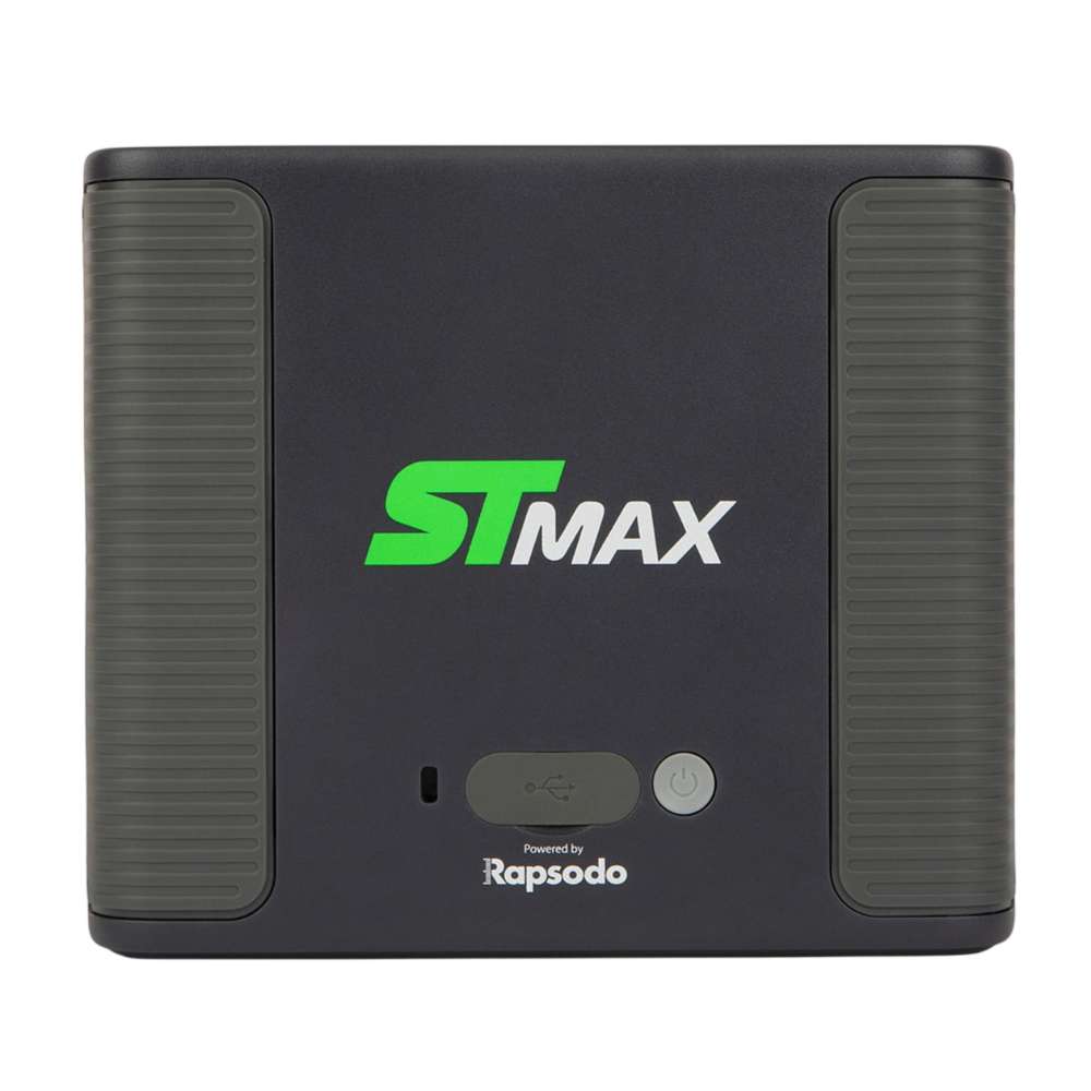 Front view of SKYTRAK ST MAX Launch Monitor featuring a black casing, green logo, textured side grips, and power button