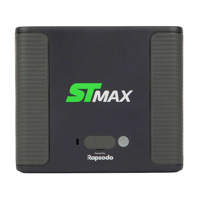 Front view of SKYTRAK ST MAX Launch Monitor featuring a black casing, green logo, textured side grips, and power button