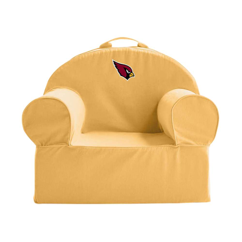 Front view of Savannah Yellow Crate & Barrel Organic Cotton Kids Lounge Nod Chair with rounded armrests, a carry handle, and an Arizona Cardinals logo