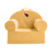 Front view of Savannah Yellow Crate & Barrel Organic Cotton Kids Lounge Nod Chair with rounded armrests, a carry handle, and an Arizona Cardinals logo