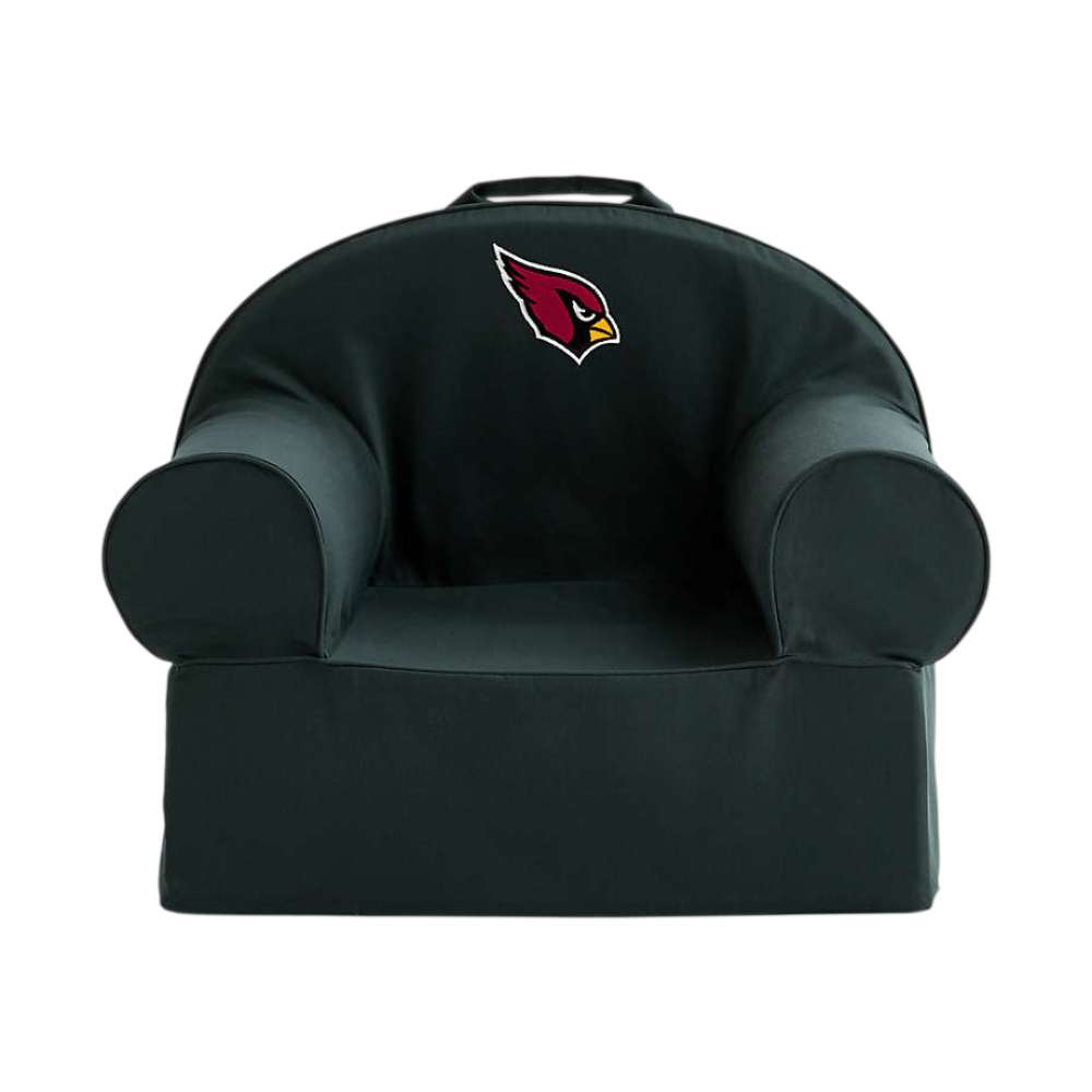 Front view of Spruce Green Crate & Barrel Organic Cotton Kids Lounge Nod Chair with rounded arms, a carry handle, and an Arizona Cardinals logo