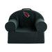 Front view of Spruce Green Crate & Barrel Organic Cotton Kids Lounge Nod Chair with rounded arms, a carry handle, and an Arizona Cardinals logo
