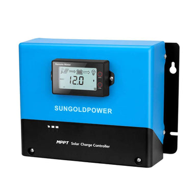 Front view of Sun Gold Power 100 Amp MPPT Solar Charge Controller with an LCD display and wall-mount design