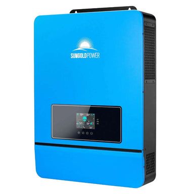 Front view of Sun Gold Power 10000W 48V Split Phase Solar Inverter showing its blue wall-mounted design with a built-in LCD screen and black side vents