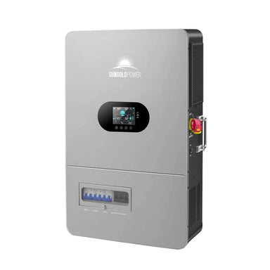 Front view of Sun Gold Power 12000W All-in-One Off-Grid Solar Inverter with a compact wall-mount design, LCD screen, and integrated circuit breakers