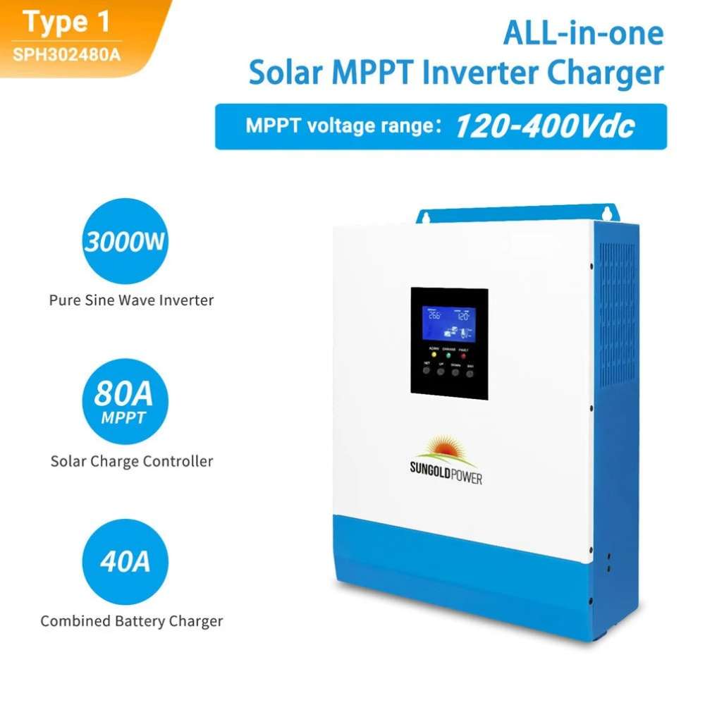 Front view of Sun Gold Power 3000W 24V Solar Inverter Charger [PV120-450V/MPPT120- 400V] with pure sine wave inverter features
