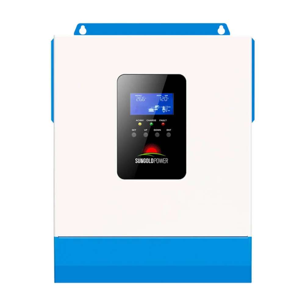 Front view of Sun Gold Power 3000W 24V Solar Inverter Charger with a built-in LCD display and wall-mount design