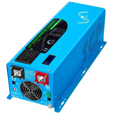 Front view of Sun Gold Power 4000W DC 24V Pure Sine Wave Inverter With Charger showing the cooling fan, battery terminals, and metal housing