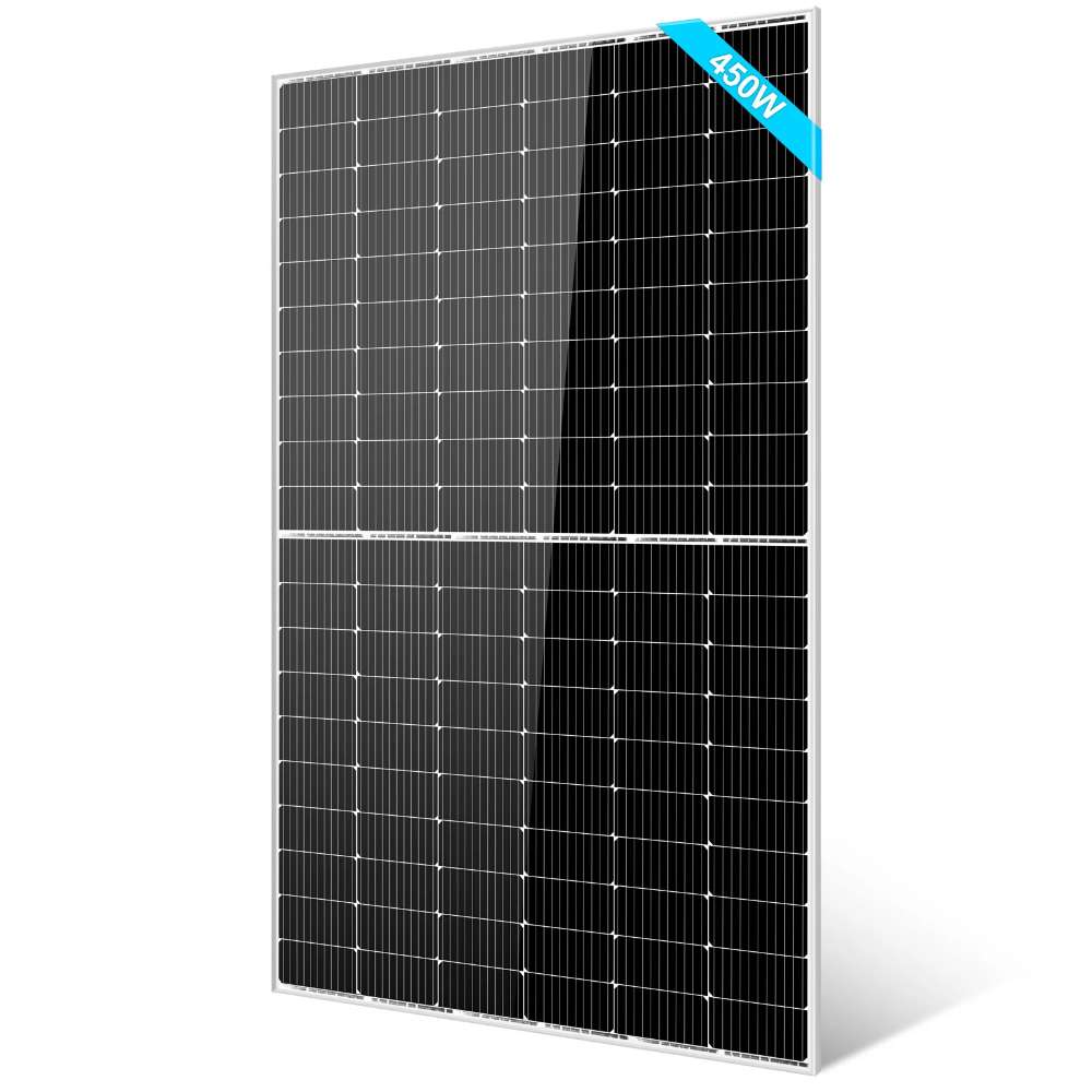 Front view of Sun Gold Power 450W Mono Black PERC Solar Panel Full Pallet (32 Panels) shows a black solar panel with a durable silver aluminum frame