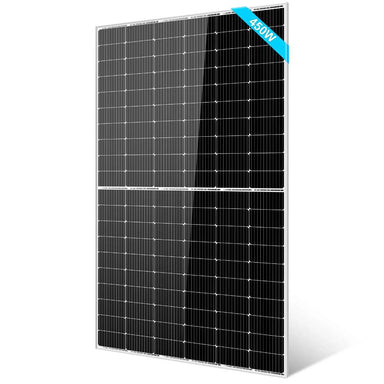 Front view of Sun Gold Power 450W Mono Black PERC Solar Panel Full Pallet (32 Panels) shows a black solar panel with a durable silver aluminum frame