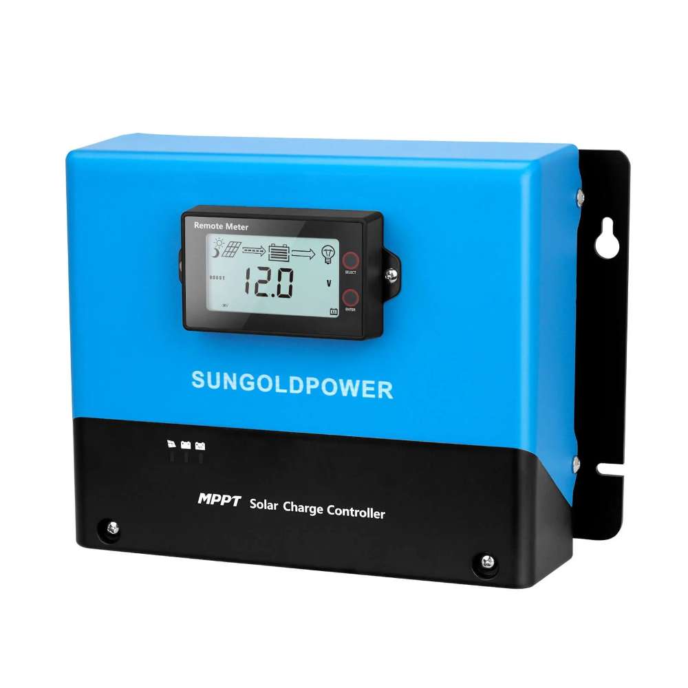 Front view of Sun Gold Power 60 Amp MPPT Solar Charge Controller with an LCD display and wall-mount design