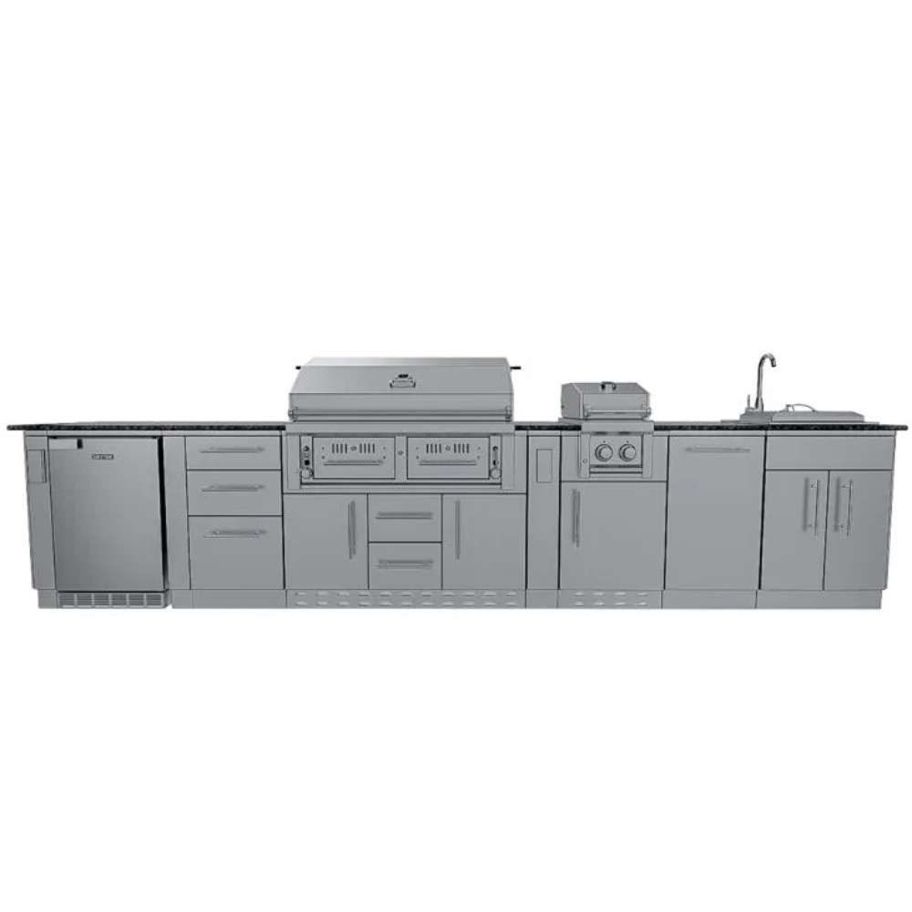 Front view of Sunstone Dallas 14ft Outdoor Kitchen Island Package with Gas Hybrid Charcoal Grill with grill, burner, sink, and cabinets
