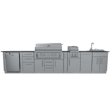 Front view of Sunstone Dallas 14ft Outdoor Kitchen Island Package with Gas Hybrid Charcoal Grill with grill, burner, sink, and cabinets