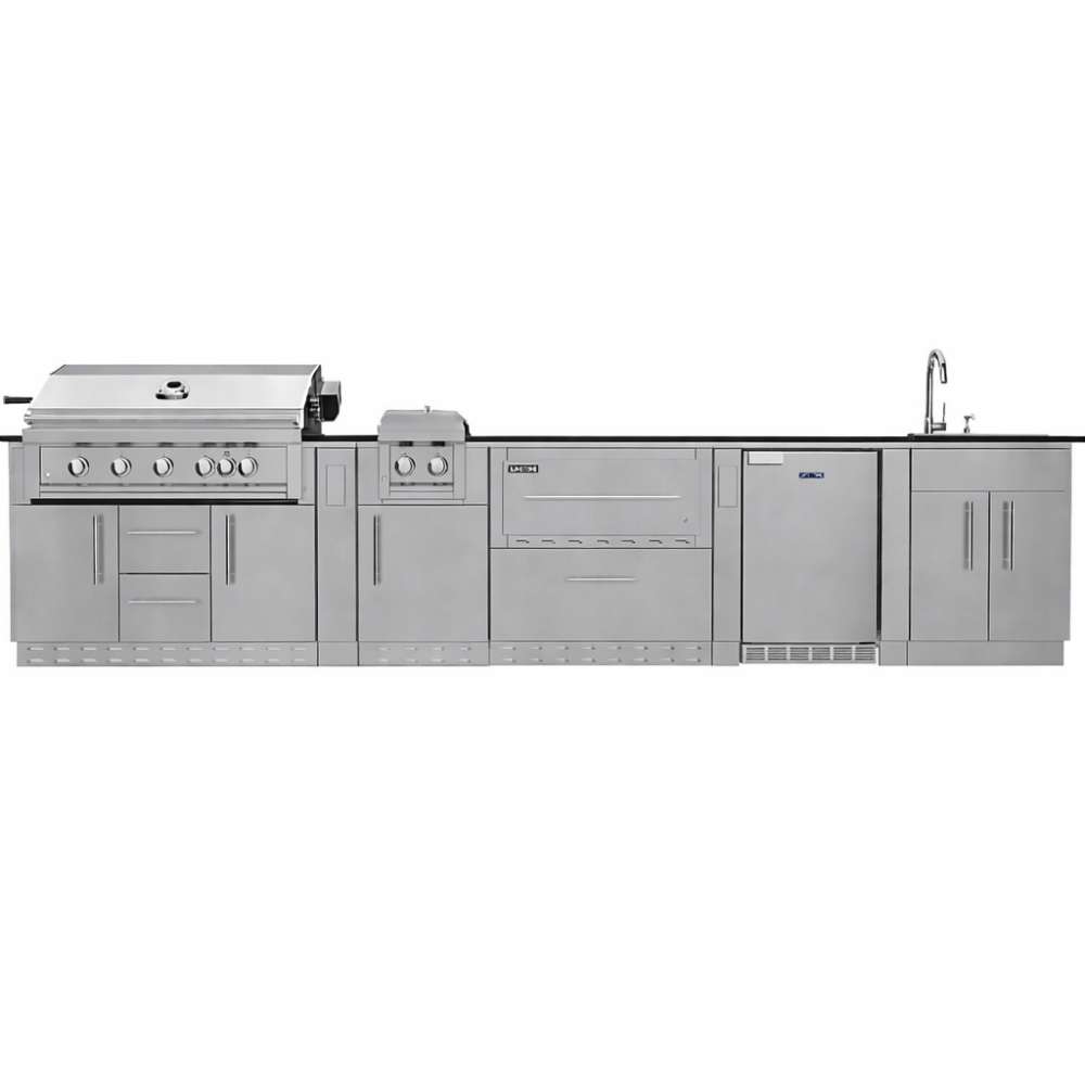 Front view of Sunstone French Quarter 13ft 7in Outdoor Kitchen Island Package with grill, sink, fridge, and storage in a sleek stainless steel layout