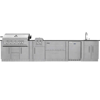 Front view of Sunstone French Quarter 13ft 7in Outdoor Kitchen Island Package with grill, sink, fridge, and storage in a sleek stainless steel layout