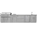 Front view of Sunstone French Quarter 13ft 7in Outdoor Kitchen Island Package with grill, sink, fridge, and storage in a sleek stainless steel layout