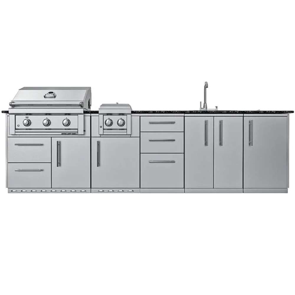 Front view of Sunstone Magnolia 10ft Outdoor Kitchen Island Package with grill, sink, drawers, and cabinets