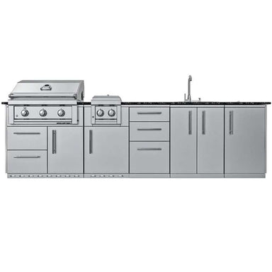 Front view of Sunstone Magnolia 10ft Outdoor Kitchen Island Package with grill, sink, drawers, and cabinets