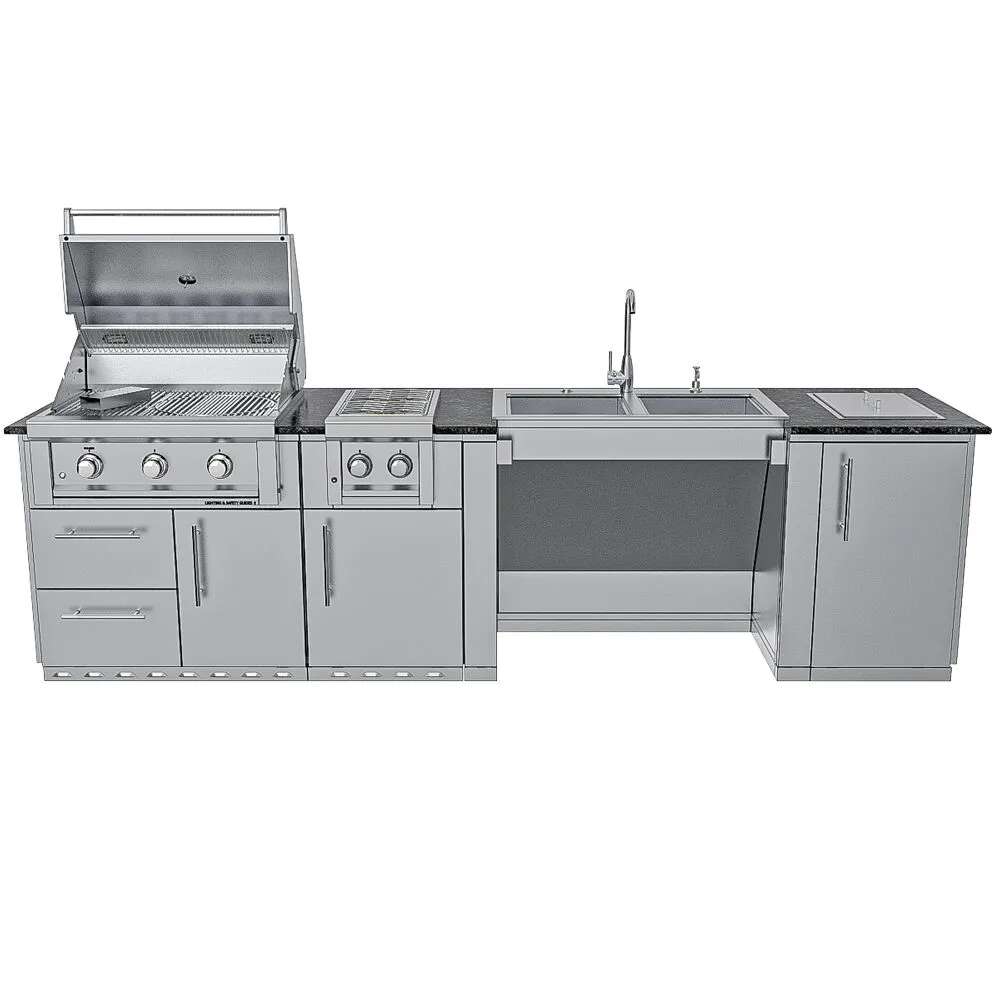 Front view of Sunstone Summit 10ft Outdoor Kitchen Island Package displaying grill, burner, sink, and full cabinet layout
