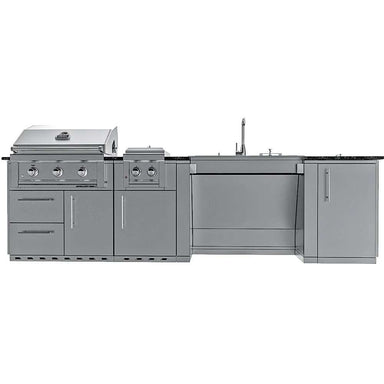 Front view of Sunstone Summit 10ft Outdoor Kitchen Island Package showing full layout with grill, burner, sink, and cabinets