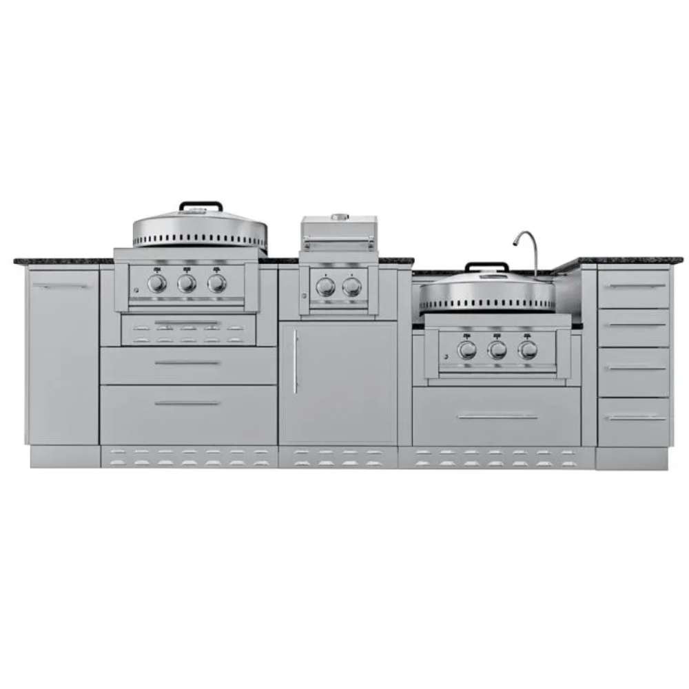Front view of Sunstone TexCajun 9ft Outdoor Kitchen Island Package with dual cooking stations and drawers