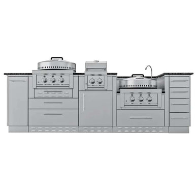 Front view of Sunstone TexCajun 9ft Outdoor Kitchen Island Package with dual cooking stations and drawers