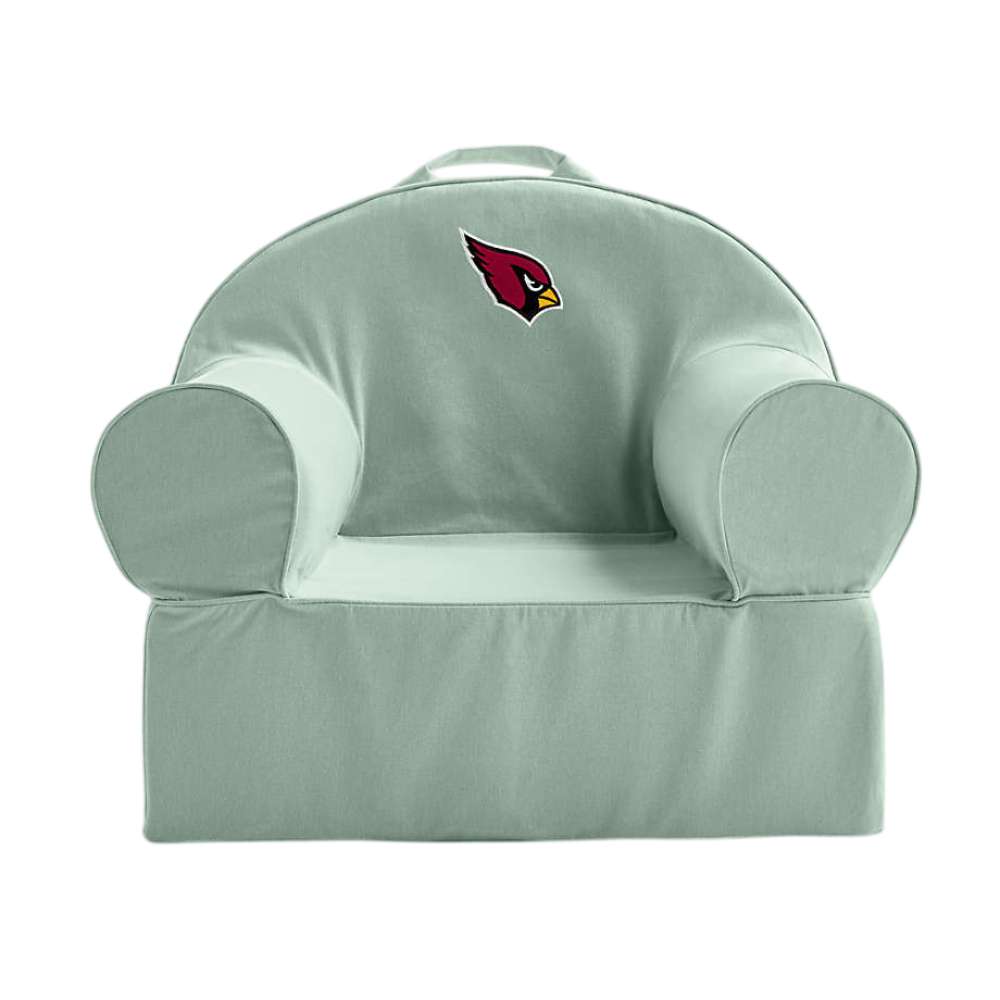 Front view of Volta Teal Crate & Barrel Organic Cotton Kids Lounge Nod Chair with rounded armrests, a top handle, and an Arizona Cardinals logo