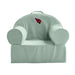 Front view of Volta Teal Crate & Barrel Organic Cotton Kids Lounge Nod Chair with rounded armrests, a top handle, and an Arizona Cardinals logo