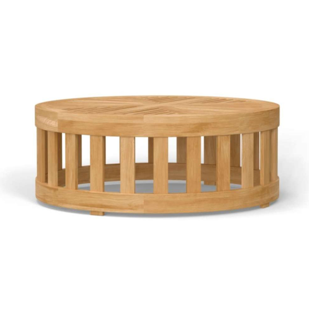 Front view of Westminster Teak 36-Inch Kafelonia Teak Coffee Table, a round teak coffee table with a slatted top and open base