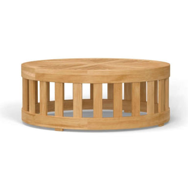 Front view of Westminster Teak 36-Inch Kafelonia Teak Coffee Table, a round teak coffee table with a slatted top and open base