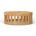 Front view of Westminster Teak 36-Inch Kafelonia Teak Coffee Table, a round teak coffee table with a slatted top and open base